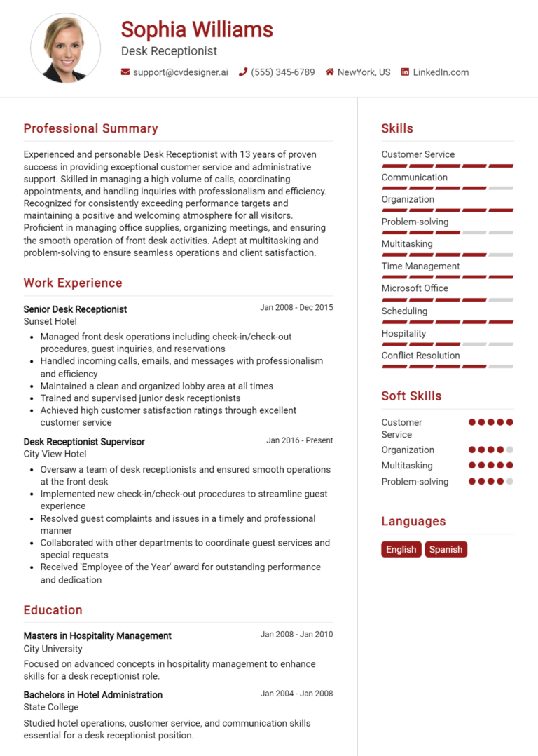 Desk Receptionist Resume Example For Effective Cv Writing Tips Cvdesigner Ai