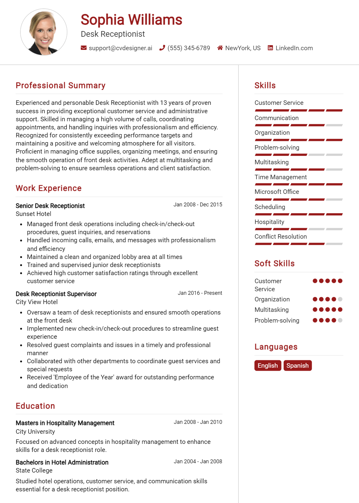 Desk Receptionist Resume Example