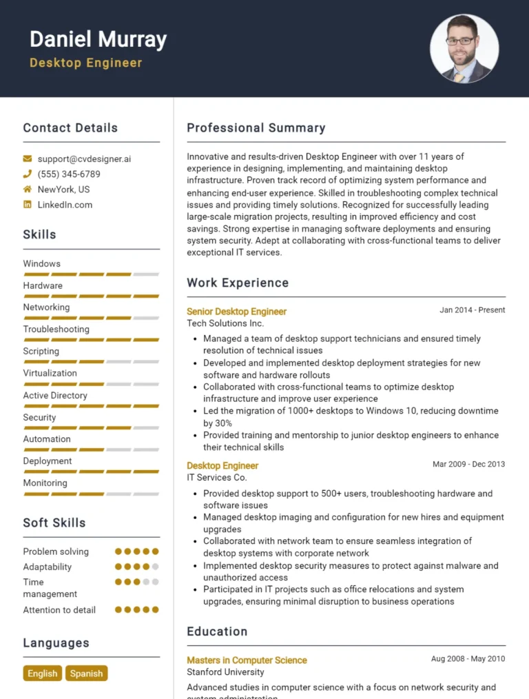 Desktop Engineer CV Example For 2025: Ultimate Guide