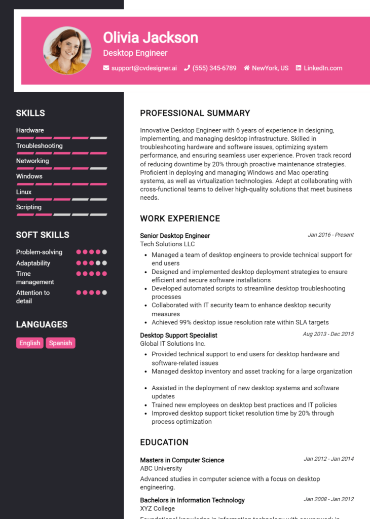 Desktop Engineer Resume Example for 2024: Tips & Templates - CVDesigner.ai