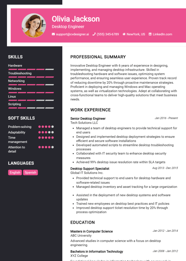 Desktop Engineer Resume Example for 2025: Tips & Templates