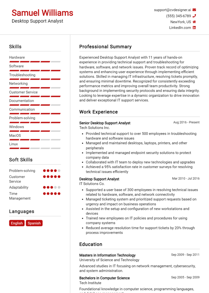 Desktop Support Analyst Resume Example