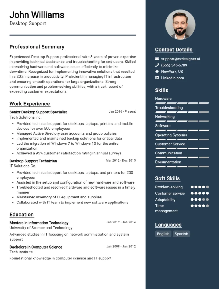 Desktop Support CV Example For 2025: Free Downloadable Templates