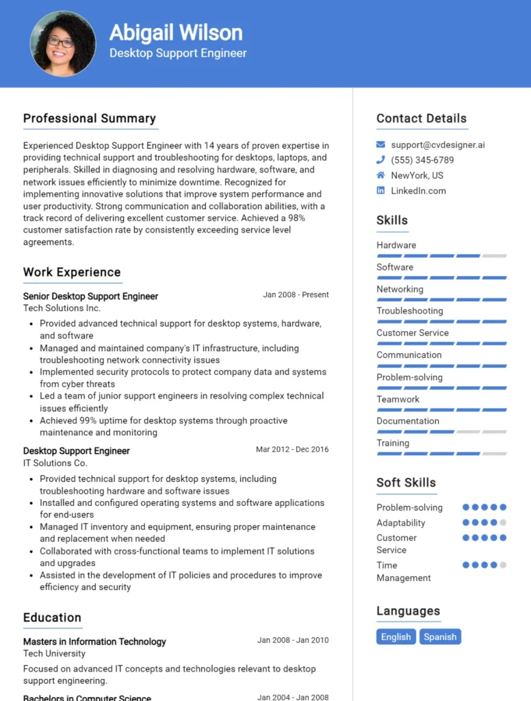 Desktop Support Engineer CV Example