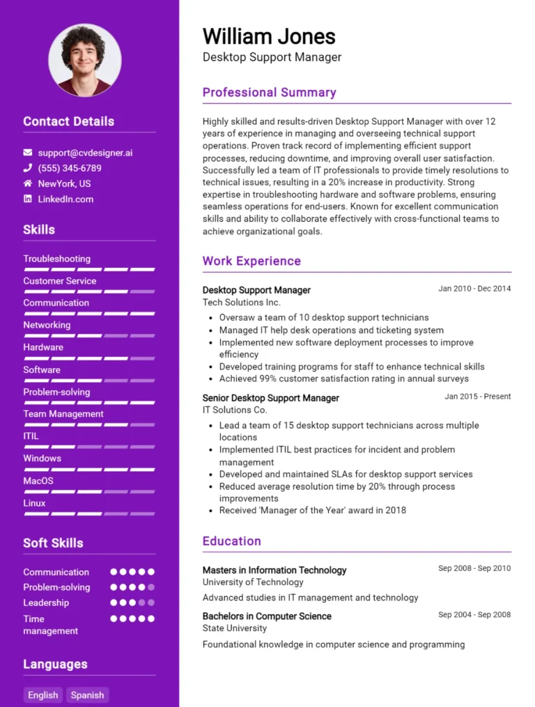 Desktop Support Manager CV Example For 2025: Tips to Stand Out