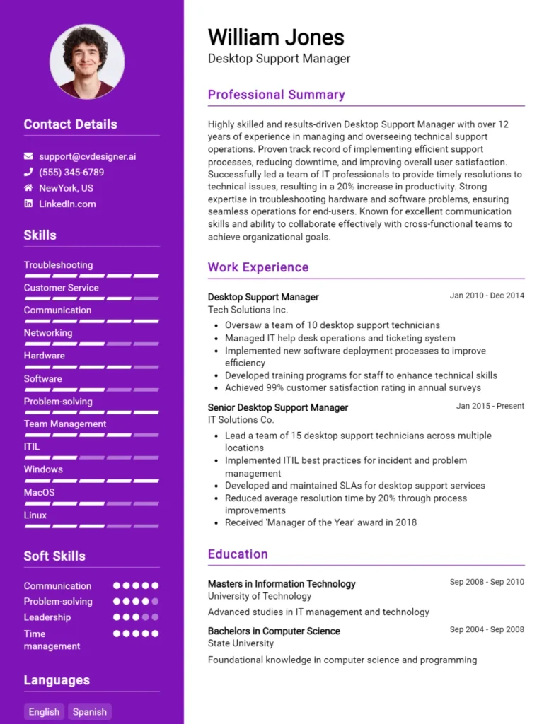 Desktop Support Manager CV Example