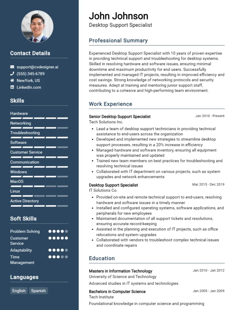 Desktop Support Specialist CV Example For 2025: Tips to Stand Out