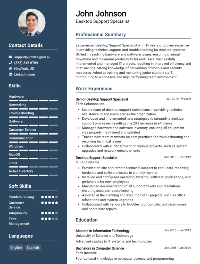 Desktop Support Specialist CV Example