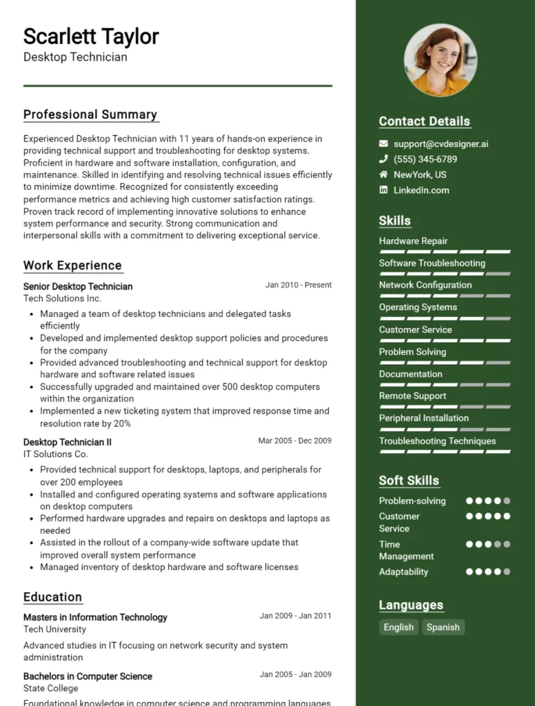 Desktop Technician CV Example