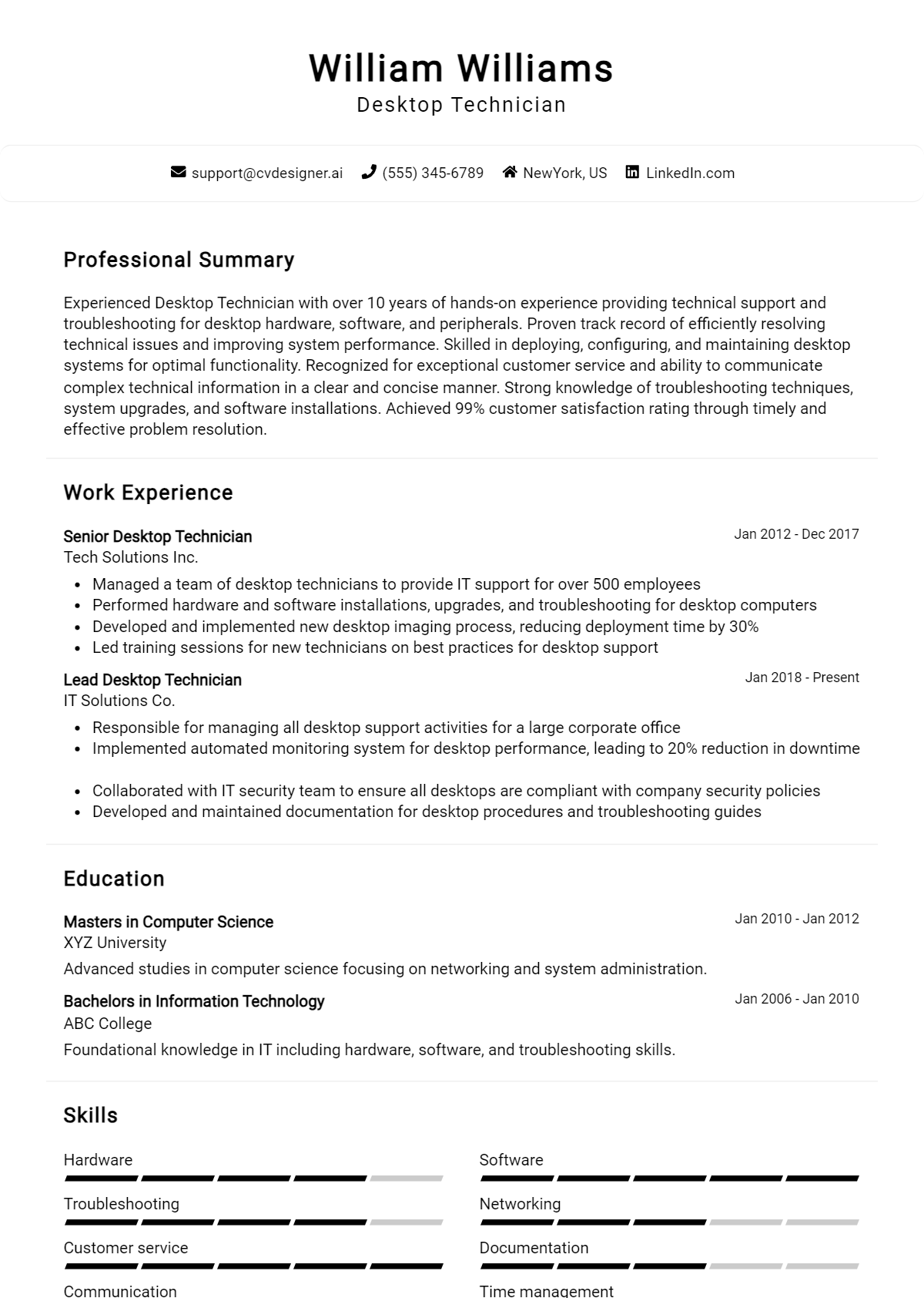 Desktop Technician Resume Example