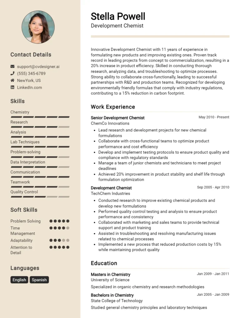 Development Chemist CV Example For 2025: Proven Tips & Templates