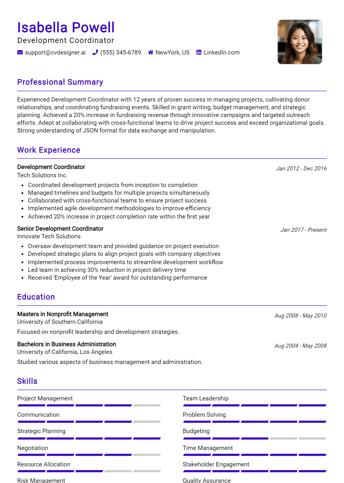 Development Coordinator Resume Example