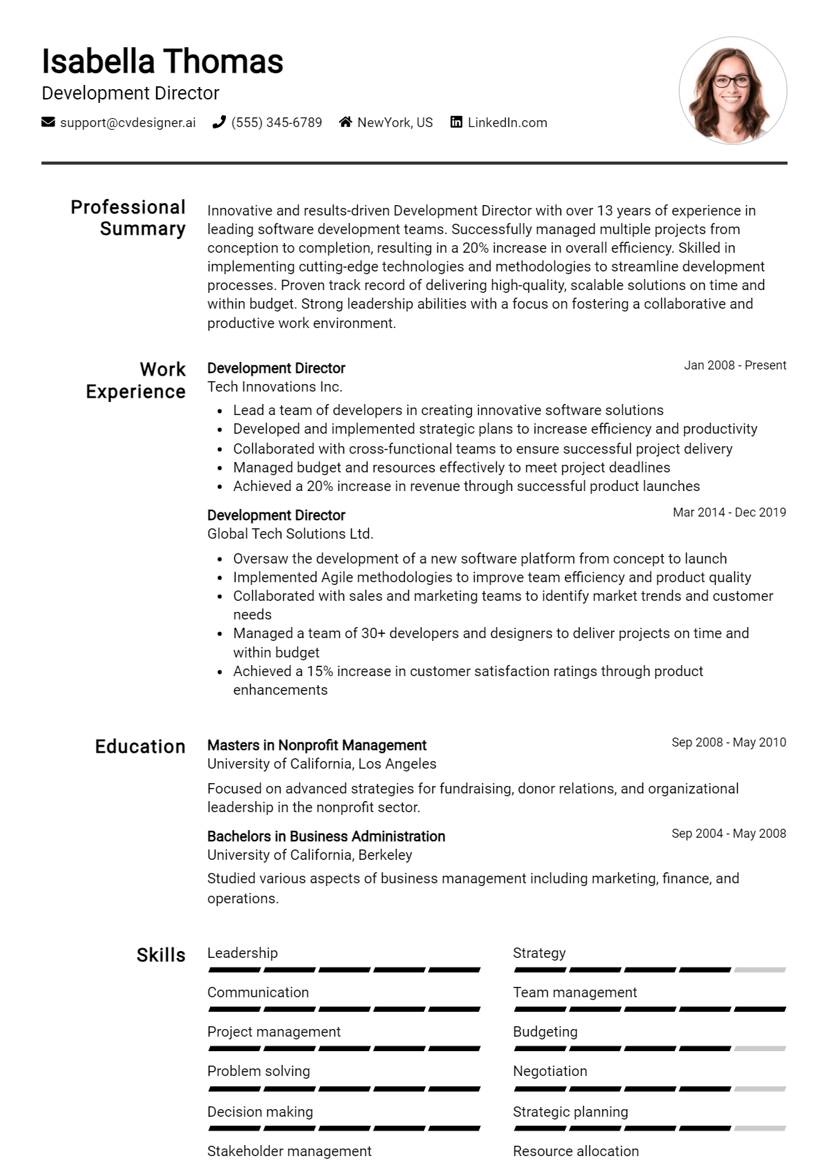 Development Director Resume Example