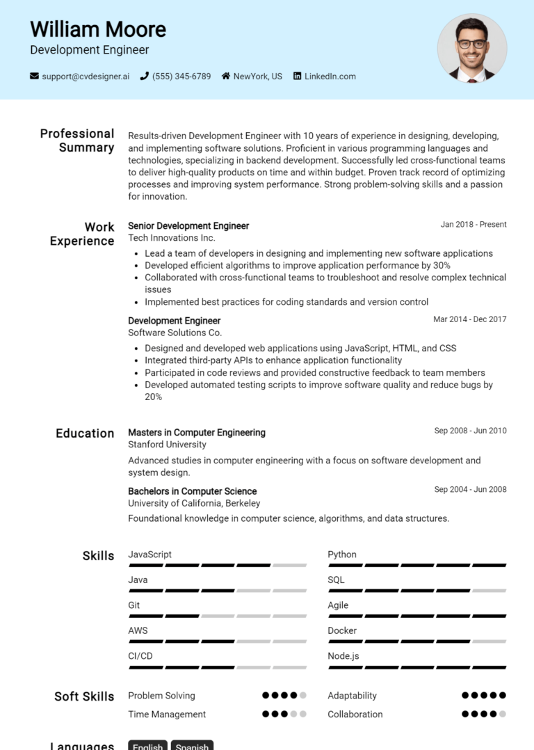 Development Engineer Resume Example for 2025: Free Templates