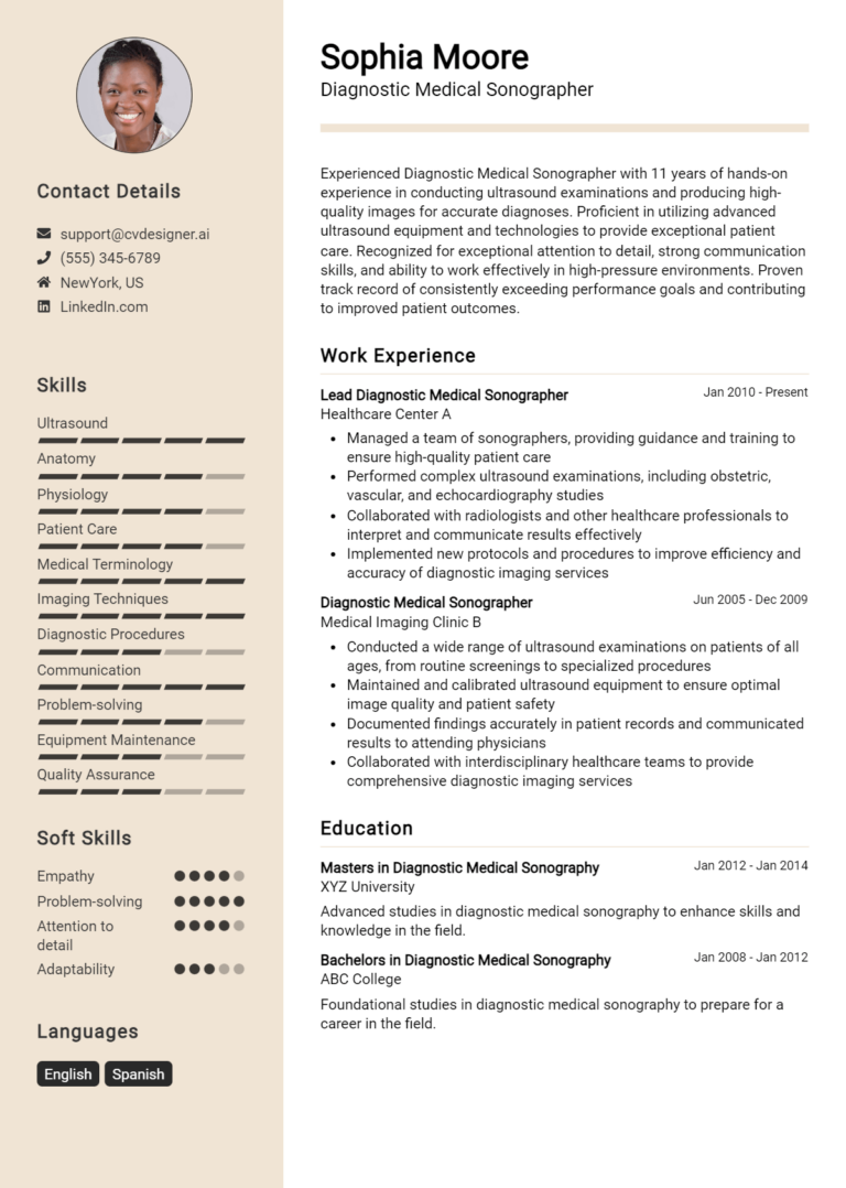 Diagnostic Medical Sonographer Resume Example for 2025: Professional CV Templates