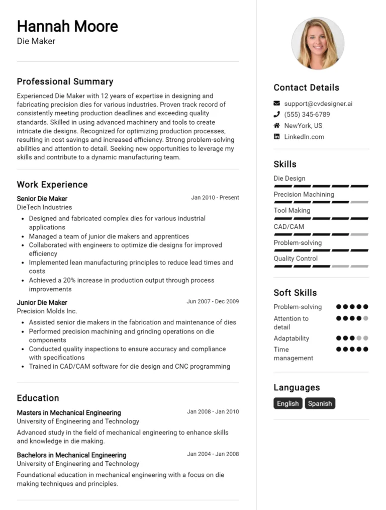 Die Maker CV Example For 2025: Top CV Skills