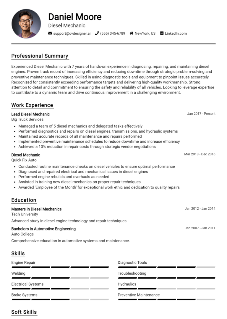 Diesel Mechanic Resume Example for 2025: How to Craft a Winning CV