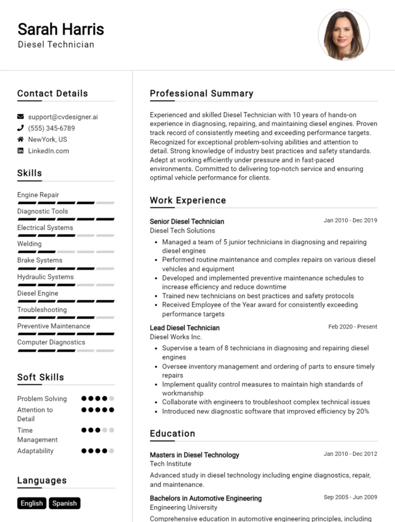 Diesel Technician CV Example