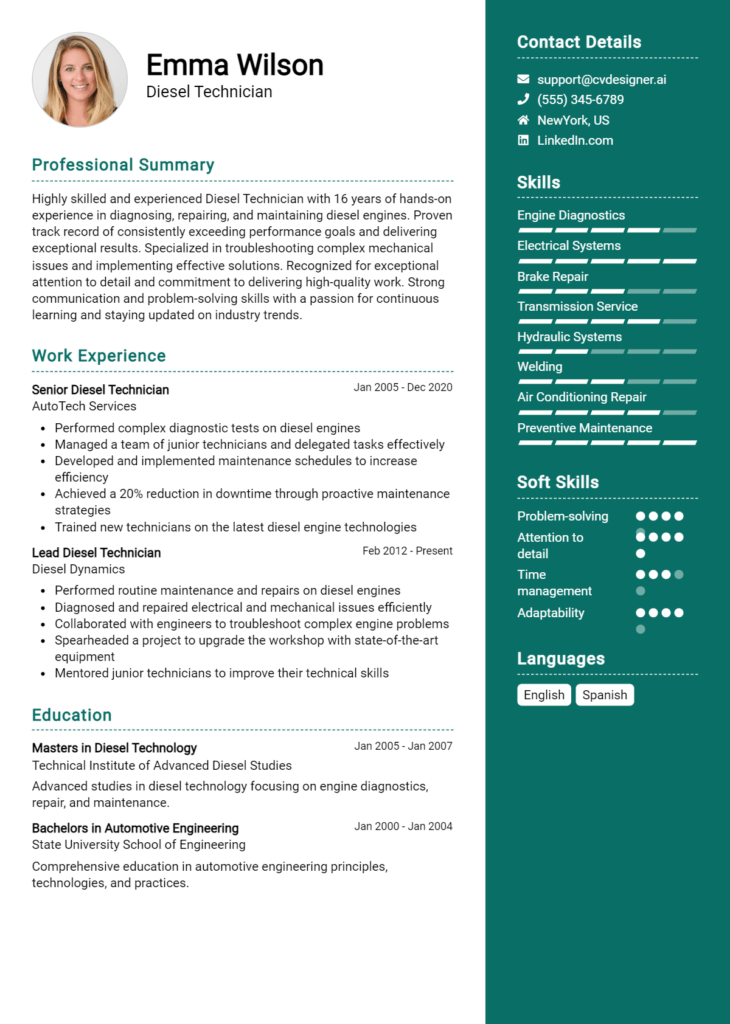 Diesel Technician Resume Example