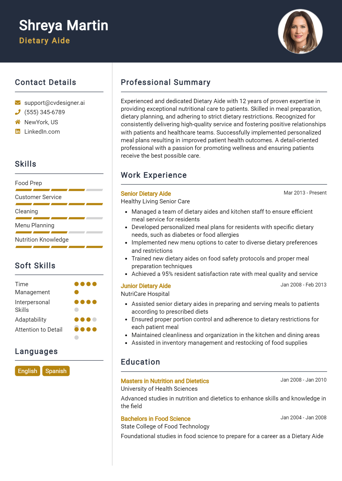 Dietary Aide Resume Example