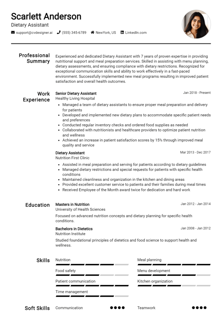 Dietary Assistant Resume Example for 2025: Ultimate Guide