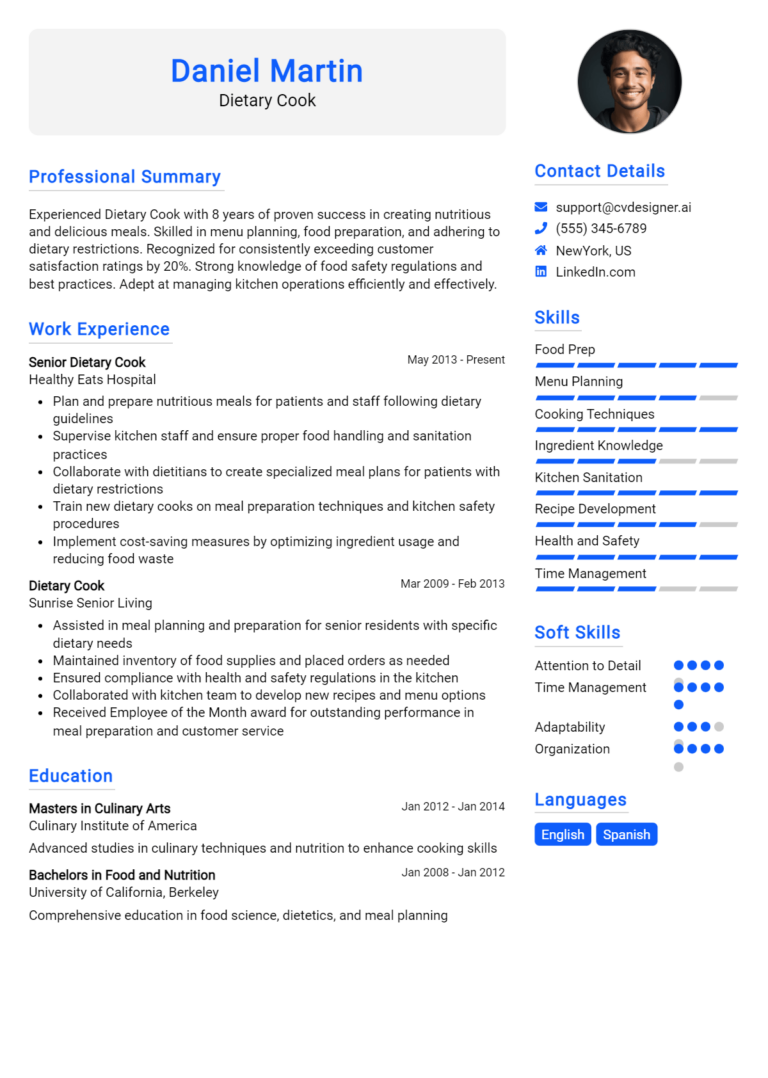 Dietary Cook Resume Example for 2025: Tips & Templates