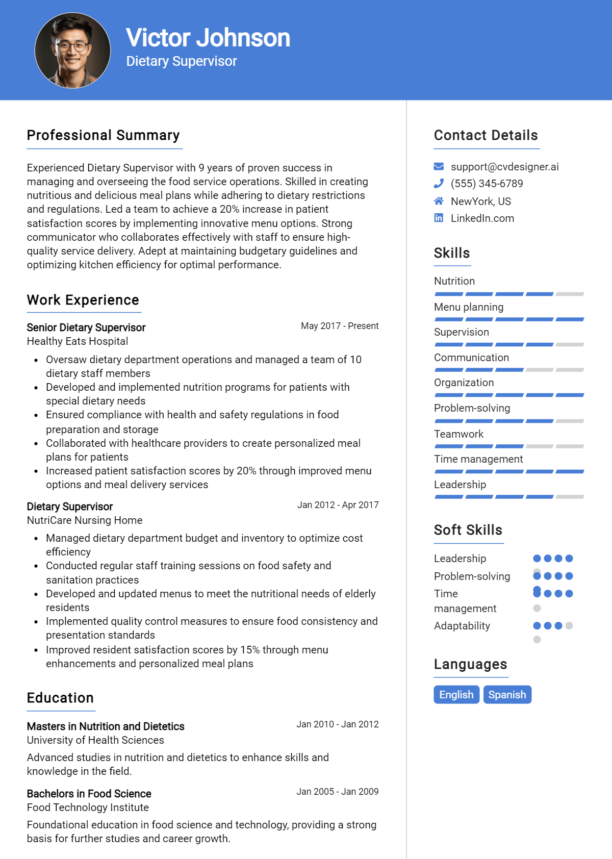 Dietary Supervisor Resume Example