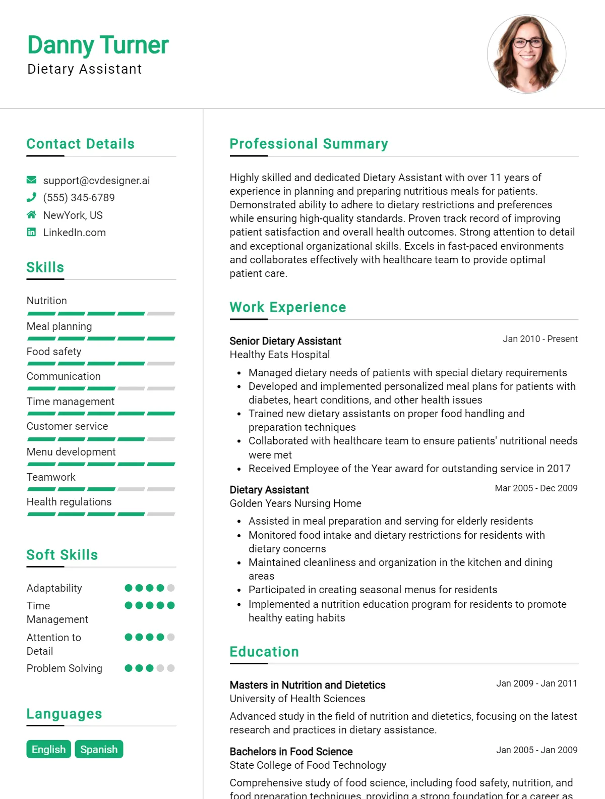 Dietary Assistant CV Example