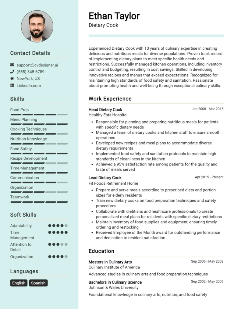4 Dietary Cook CV Examples For 2025: Tips to Stand Out
