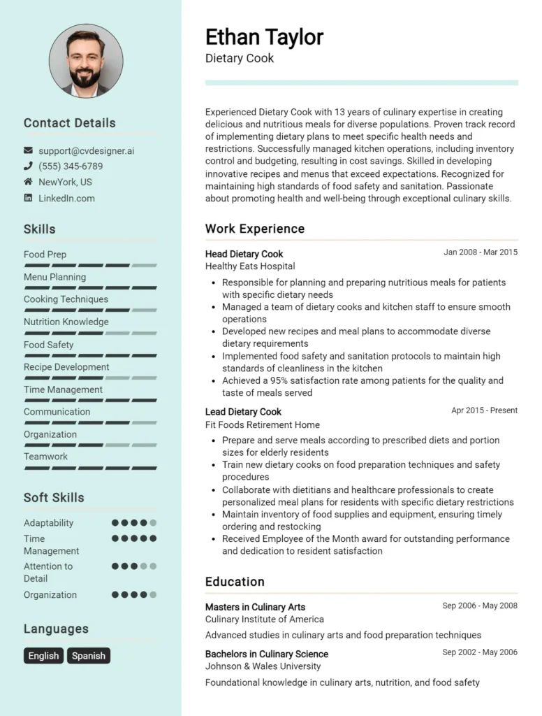 Dietary Cook CV Example