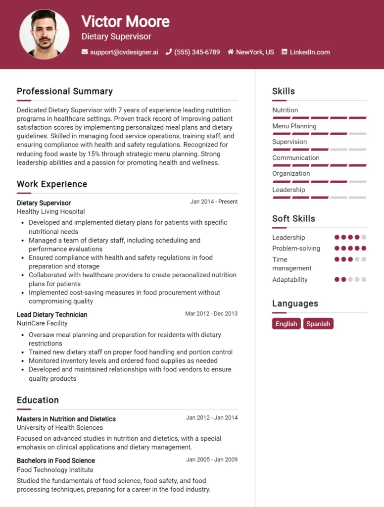 Dietary Supervisor CV Example