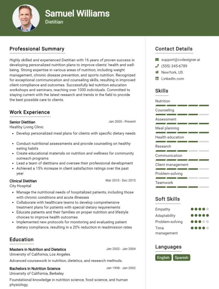 Dietitian CV Example For 2025: Professional CV Templates
