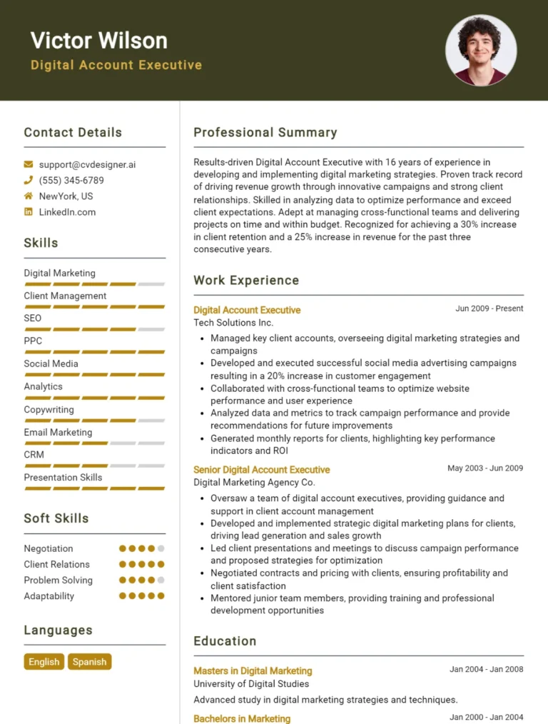 Digital Account Executive CV Example For 2025: Examples & Free Templates