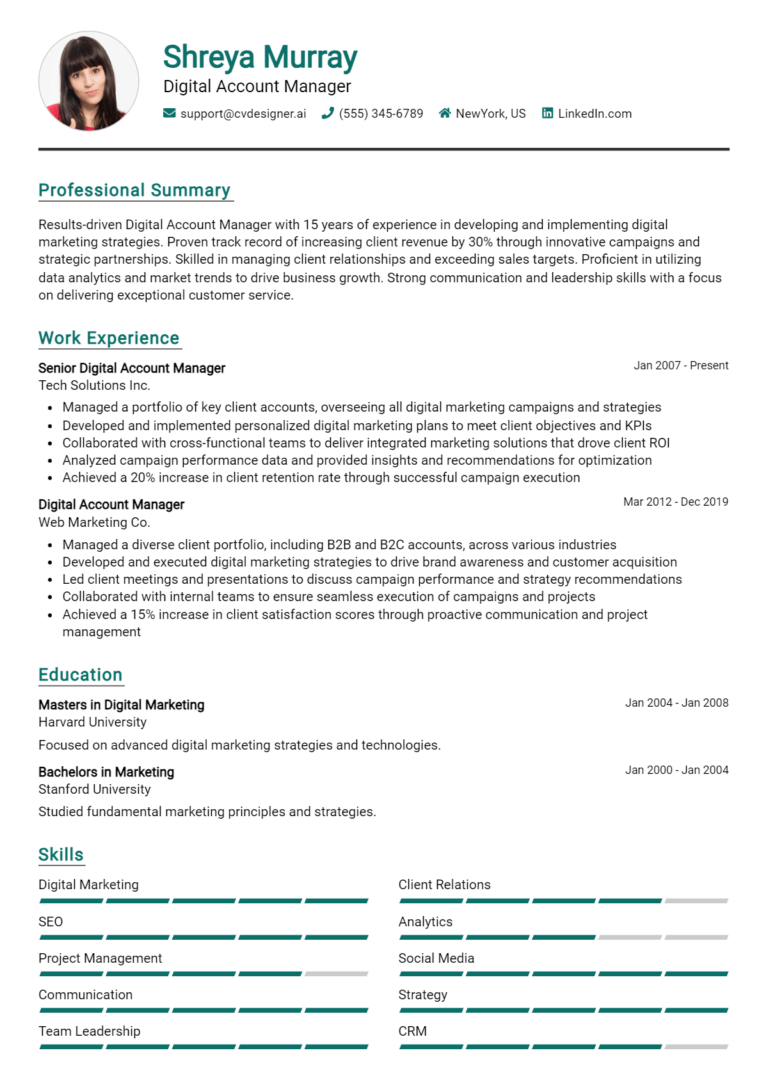 Digital Account Manager Resume Example for 2025: Free Examples