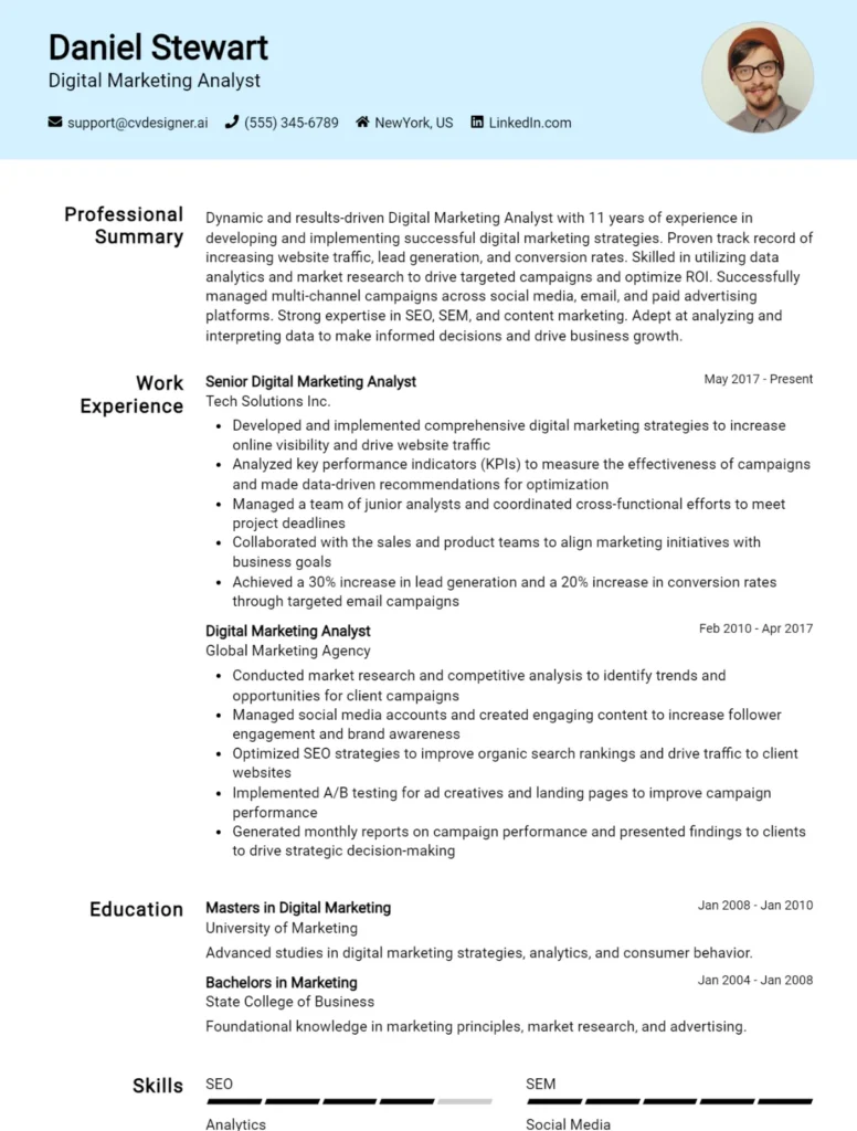 Digital Marketing Analyst CV Example