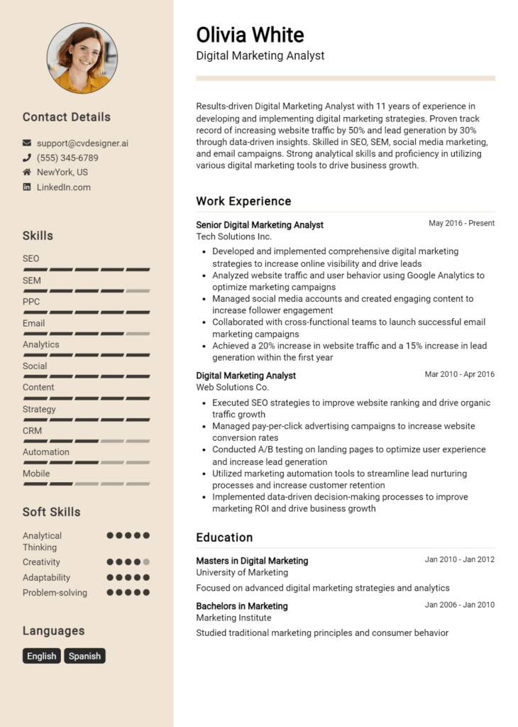 Digital Marketing Analyst Resume Example