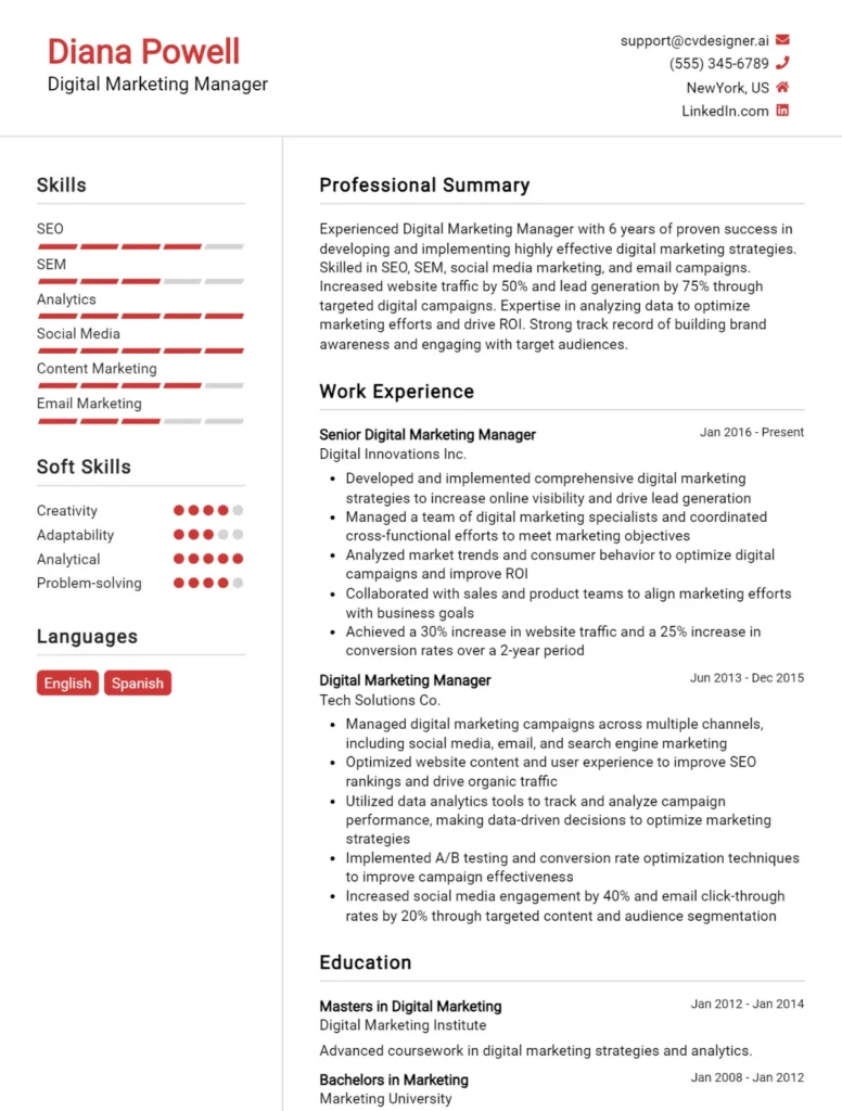 Digital Marketing Manager CV Example