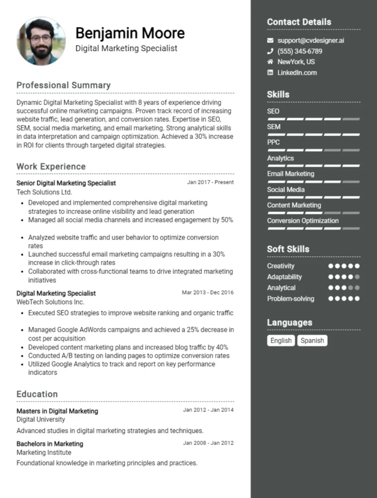 Digital Marketing Specialist CV Example