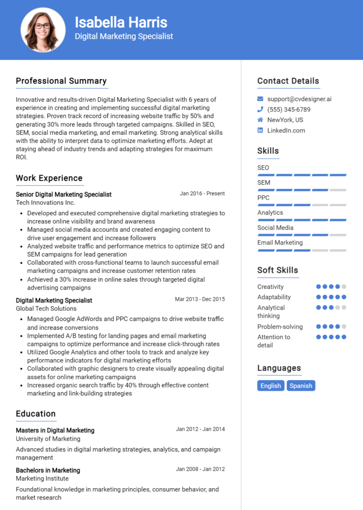 Digital Marketing Specialist Resume Example