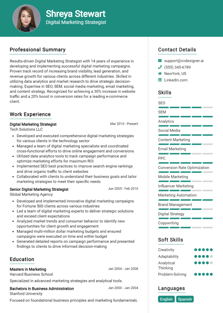 Digital Marketing Strategist Resume Example