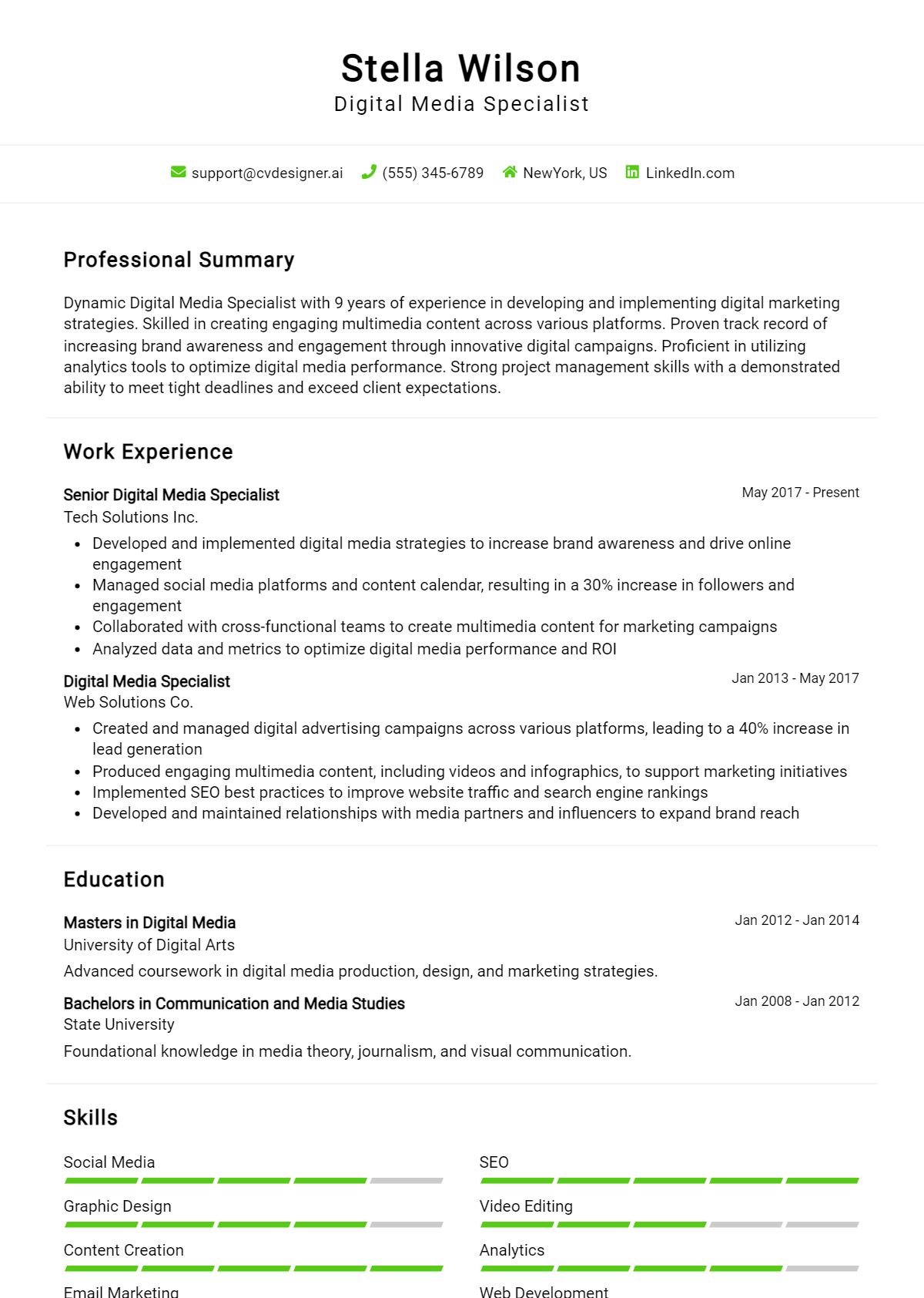 Digital Media Specialist Resume Example