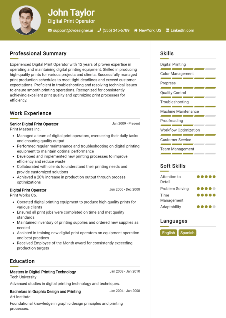 Digital Print Operator Resume Example for 2025: Effective Tips
