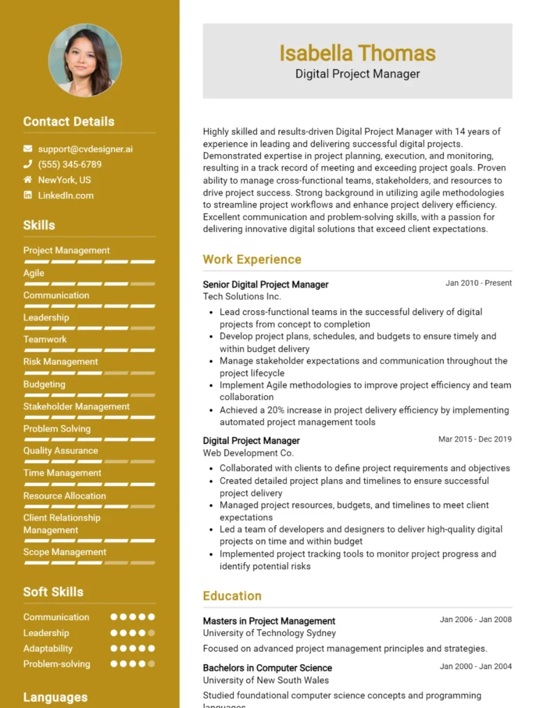 Digital Project Manager CV Example For 2025: Best Writing Guide