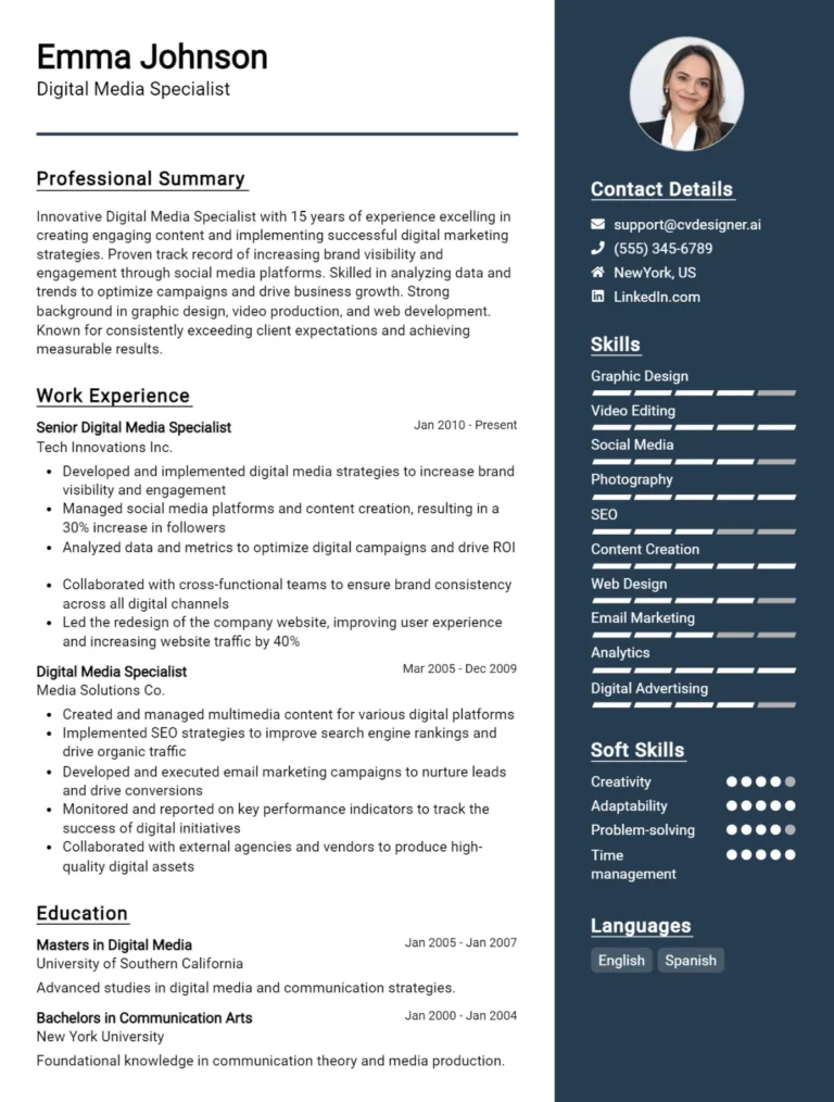12 Digital Media Specialist CV Examples And Templates For 2025