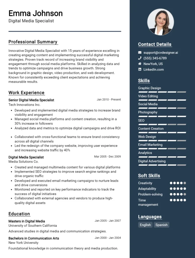 Digital Media Specialist CV Example