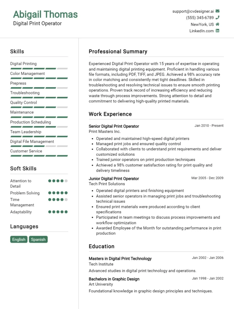Digital Print Operator CV Example For 2025: Tips to Stand Out