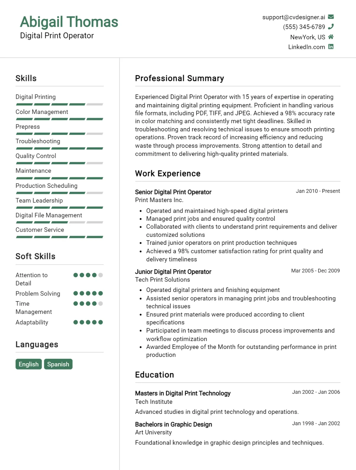 Digital Print Operator CV Example