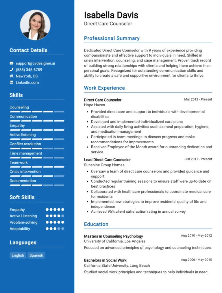Direct Care Counselor CV Example For 2025: How to Craft a Winning CV
