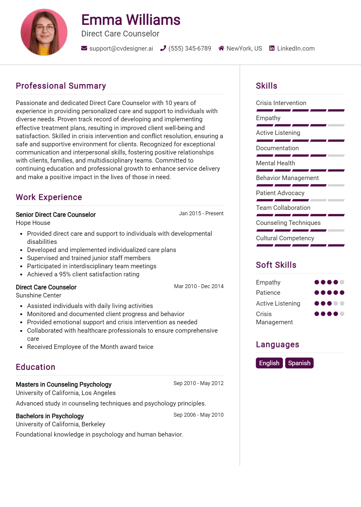 Direct Care Counselor Resume Example