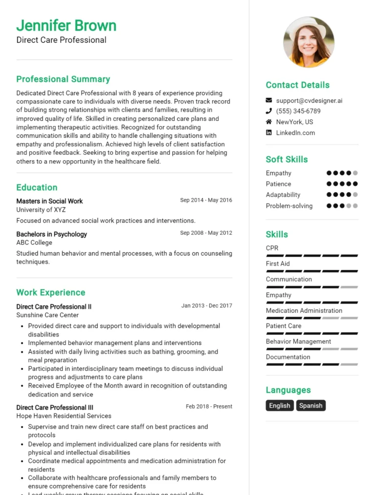 Direct Care Professional CV Example For 2025: Free Downloadable Templates